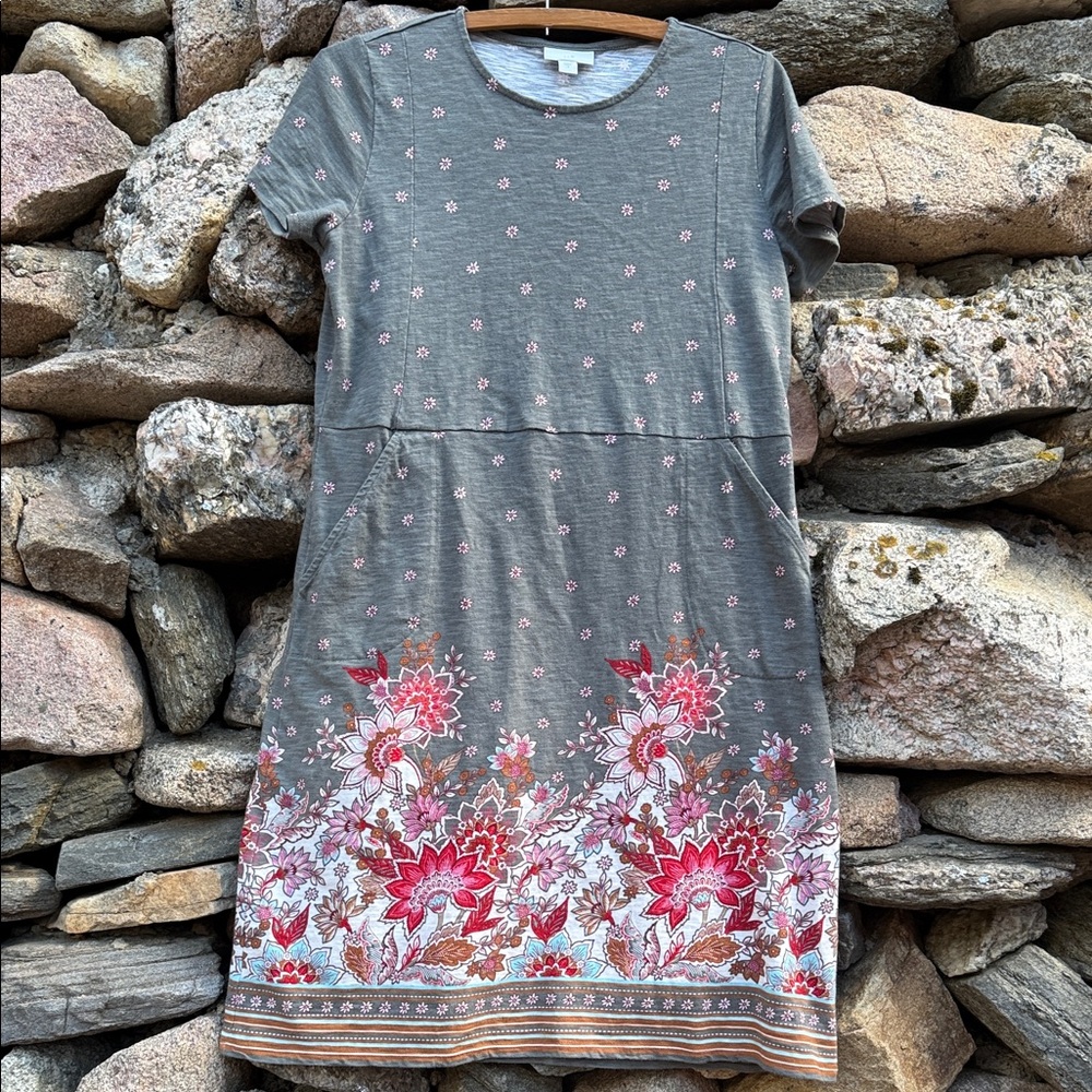 J. Jill Floral Border Print Cotton Dress – Size S Pockets Casual